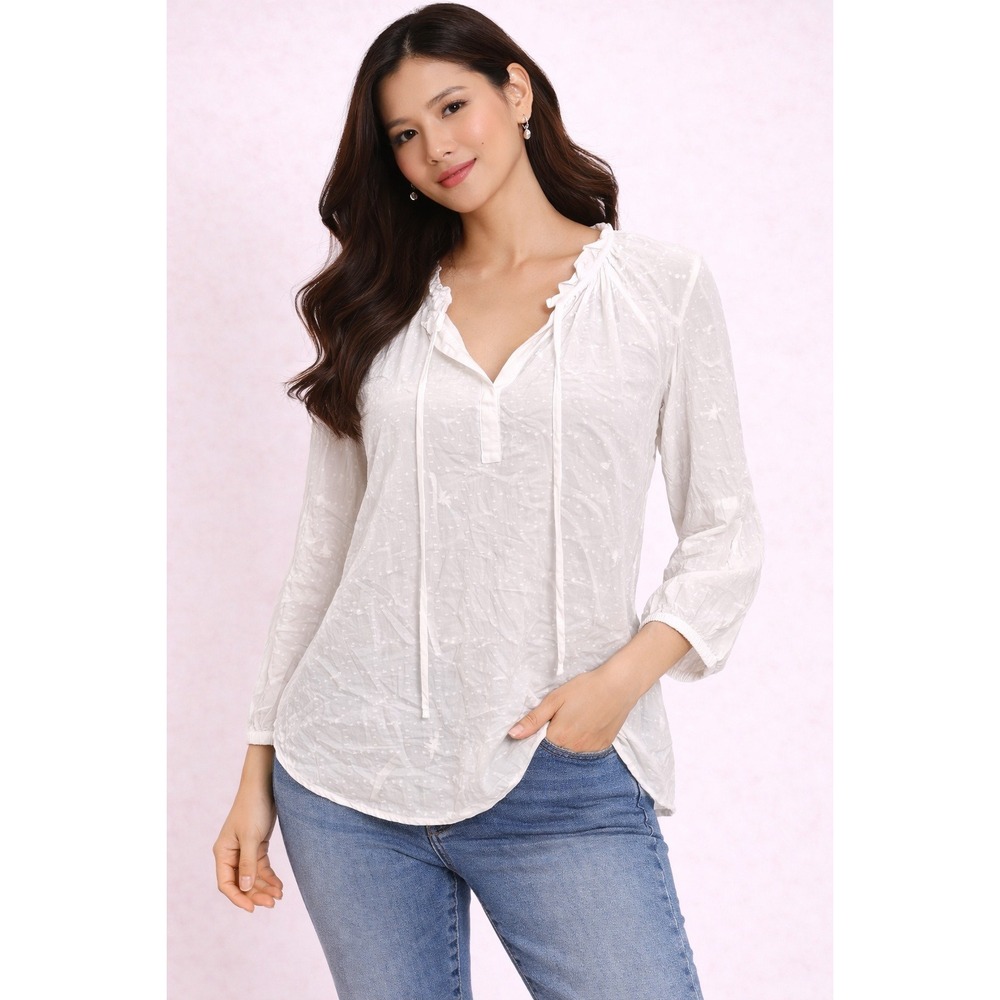LOFT- White‎ Textured Lightweight Long Sleeve Blouse Size M